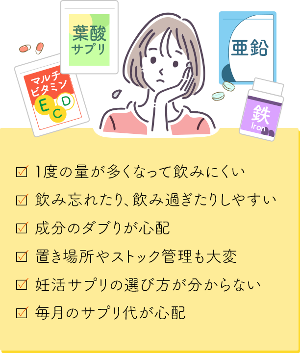 １度の量が多くなって飲みにくい・飲み忘れたり、飲み過ぎたりしやすい・成分のダブりが心配・置き場所やストック管理も大変・妊活サプリの選び方が分からない・毎月のサプリ代が心配