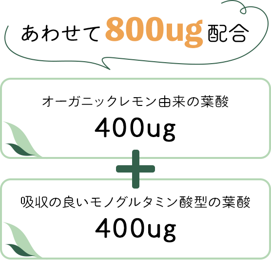オーガニックレモン由来葉酸400μg＋吸収の良いモノグルタミン酸型の葉酸400μg=あわせて800μg配合