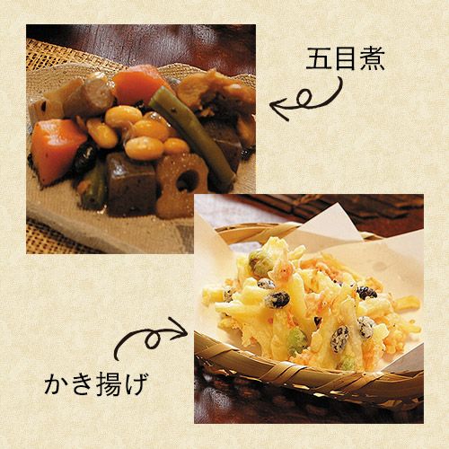 五目煮、かき揚げ